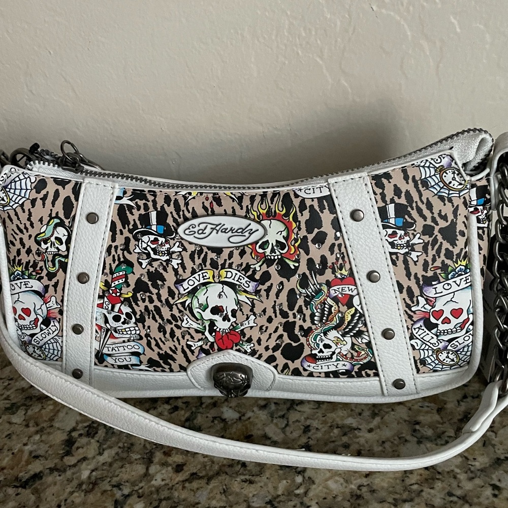 Ed Hardy White & Tan Crossbody Purse